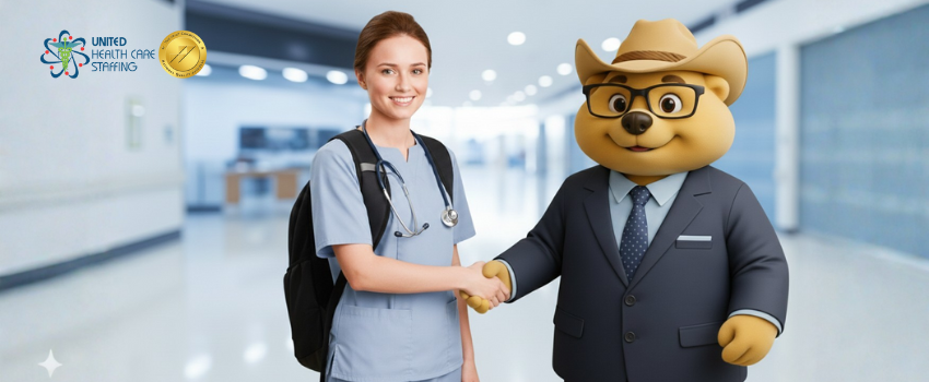 A graphic for a blog post about LVN and LPN travel nursing jobs in 2026, featuring the UHC Staffing mascot Uni-Ted.